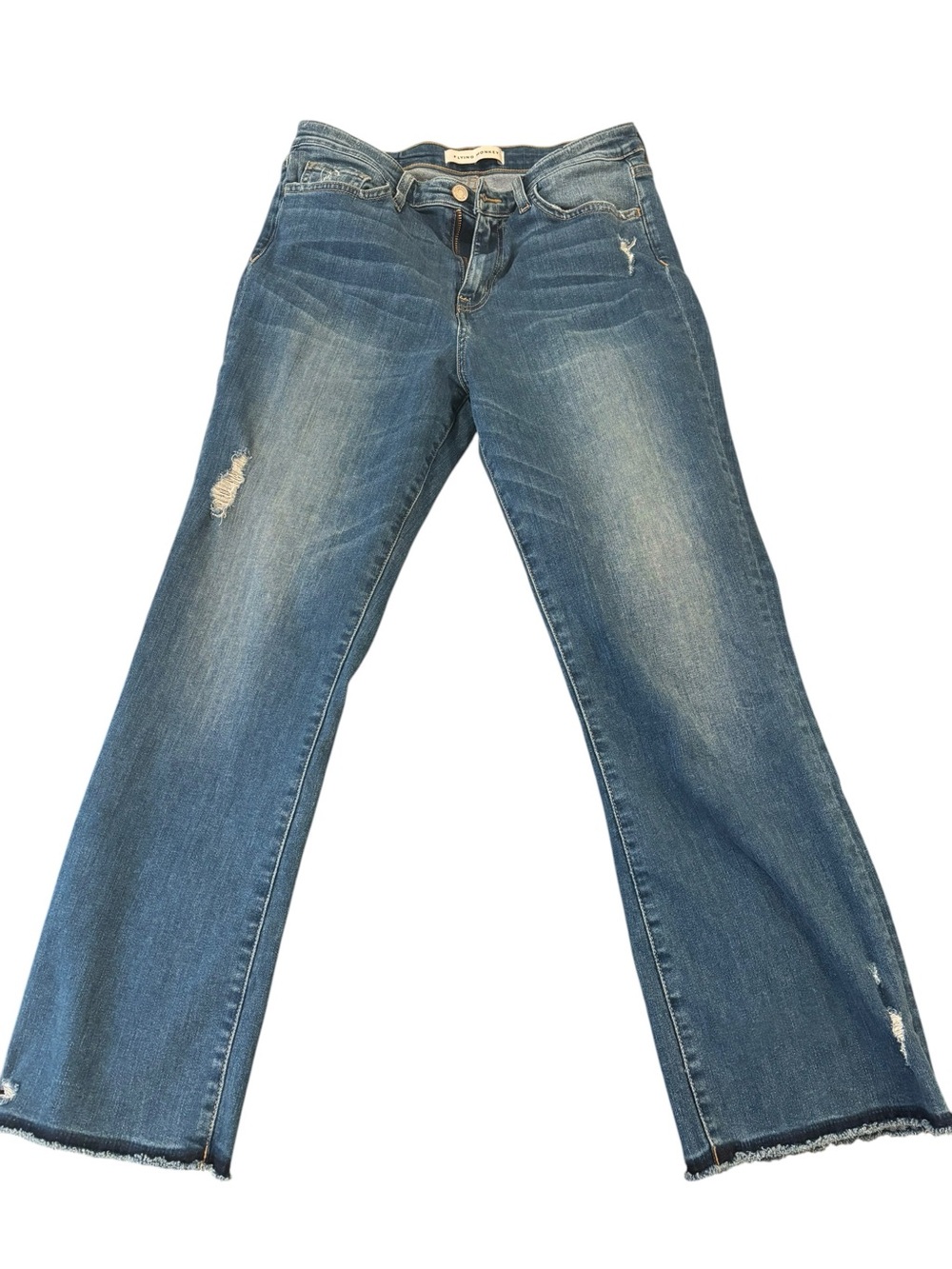 Flying Monkey Women’s Size 29 Blue Flare Jeans with Distressed Details